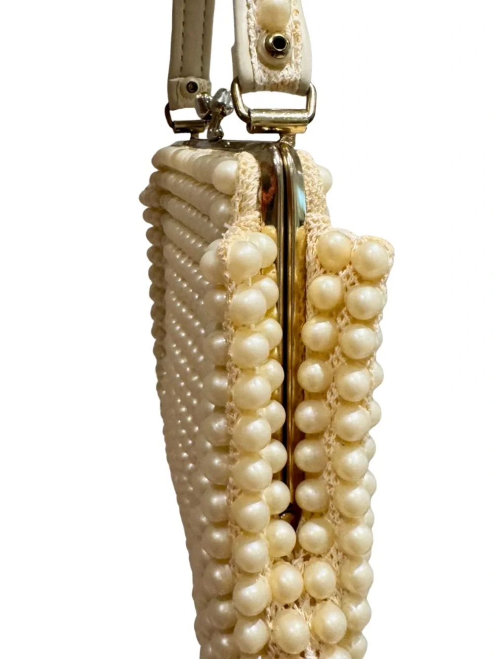 Vintage Pearl-Embellished Cream Frame Clutch Purse Handbag - Retro!